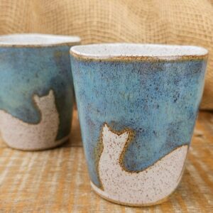 Conjunto de canecas de gato em cerâmica Luna azul e branco mate