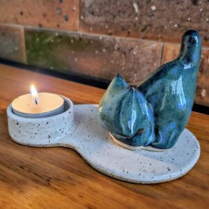Porta-velas de gato em cerâmica Luz e Gato Darth Verde e branco