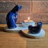 Porta-velas de gato de cerâmica Luz e Gato Madonna Q Mia Azul e branco