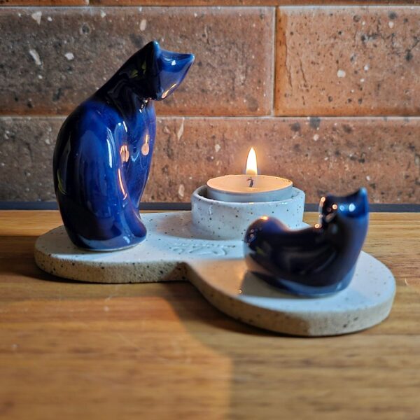 Porta-velas de gato de cerâmica Luz e Gato Madonna Q Mia Azul e branco
